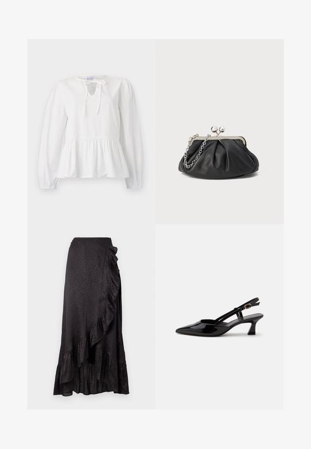 Blouse en coton blanc à manches longues, avec un détail de nœud au col et un ourlet peplum froncé. Texture douce avec une coupe décontractée.; Jupe en satin noir avec un ourlet froncé et des détails sur le côté. Le motif léopard texturé ajoute un intérêt visuel. Silhouette longue et fluide.; Chaussure slingback en cuir verni noir à petit talon, bout pointu et bride réglable avec boucle dorée sur fond blanc.; Porte-monnaie en cuir noir avec texture froncée, cadre en métal argenté, fermeture à verrouillage kiss-lock et bandoulière en chaîne. Surface lisse et douce.