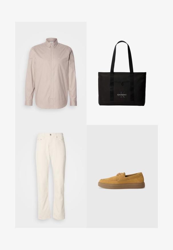 Beige overhemd met lange mouwen, knopen, witte verticale strepen, een puntige kraag en een klein geborduurd logo op de borst.; Beige katoenen jeans met een klassiek recht model, met een knoopsluiting aan de voorkant, vijf zakken en subtiele stikdetails.; Bruine suède instap schoenen met een gestructureerde afwerking, ronde neus en een contrasterende rubberen zool. Heeft subtiele branding nabij de hiel.; Zwarte Calvin Klein totebag met twee lange handvatten en een voorvak, met het logo van het merk in wit en grijs.