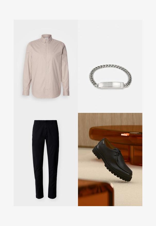 Beige košeľa s dlhým rukávom a gombíkmi, biele vertikálne pruhy, špicatý golier a malé vyšívané logo na hrudi.; Čierne nohavice úzkeho strihu s opaskovými očkami, predným gombíkom a zipsovým zapínaním, zobrazené na bielom pozadí.; Čierna štruktúrovaná kožená šnurovacia obuv s hrubou drážkovanou podrážkou, so značkou "HUGO" pri päte, vystavená na béžovom koberci a v pozadí jantárový nábytok.; Strieborný kovový náramok s plochým, lešteným obdĺžnikovým stredom vygravírovaným s nápisom "Calvin Klein." Obsahuje textúrovaný, prepojený dizajn reťaze.
