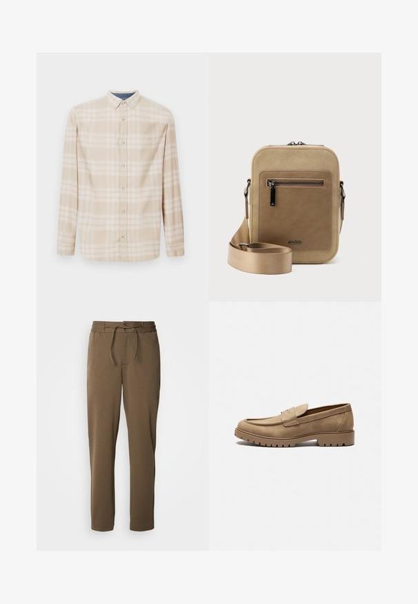 Beige ternet langærmet skjorte med knap-detaljeret krave, frontknapper og subtile blå accenter ved halsudskæringen. Fremstillet af blødt stof.; Brune, tapered sweatpants med elastisk talje og snoretræk. Blød, glat tekstur med sidelommer og et enkelt design.; Tan mockasiner i ruskind med rund tå, flad gummisål og dekorative syninger på overdelen. Har et slip-on design uden snørebånd.; Lille beige crossbody-taske med lynlåslomme foran, metal ALDO-logo, justerbar bred rem og rundet rektangulær form på hvid baggrund.