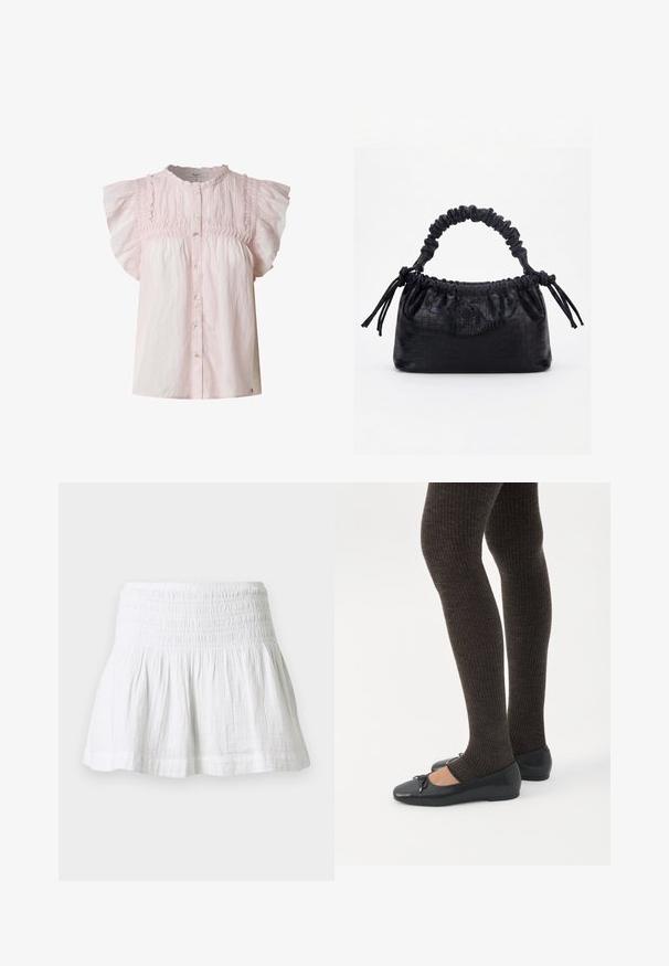 Blusa rosa claro con mangas cortas abullonadas, cuerpo fruncido, escote redondo y cierre de botones en la parte frontal. Hecha de una tela ligera con una textura suave.; Minifalda blanca de algodón con cintura elástica fruncida y dobladillo acampanado recogido sobre fondo liso.; Piernas con leggings oscuros acanalados combinados con bailarinas negras que presentan pequeños detalles de lazo sobre un fondo blanco.; Bolso negro con textura de cocodrilo, borde superior fruncido, asa recogida y cordones con borlas en cada lado sobre un fondo blanco.