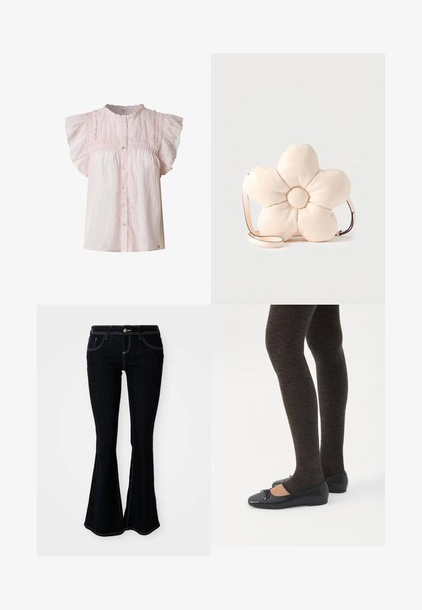 Lichtroze blouse met korte pofmouwen, smock-borstvoorkant, ronde halslijn en knoopsluiting aan de voorkant. Gemaakt van lichte stof met een zachte textuur.; Flared donkergewassen jeans met een hoge taille, voor- en achterzakken, en contrasterende gele stiksels op de naden.; Benen met donkere geribbelde leggings gecombineerd met zwarte ballerina's met kleine strikdetails op een witte achtergrond.; Crèmekleurige leren crossbodytas in de vorm van een grote, gewatteerde bloem met vijf bloembladen en een dunne verstelbare band.