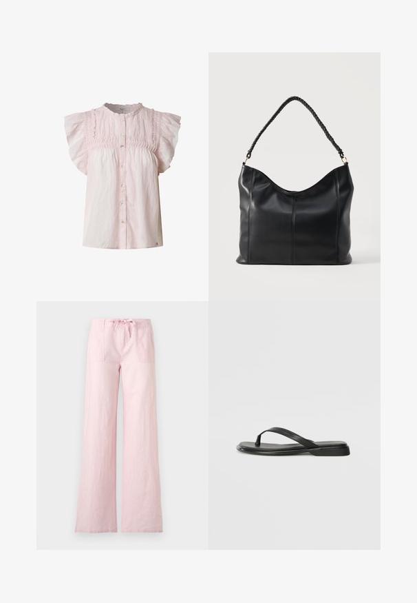 Blusa rosa claro con mangas cortas abullonadas, cuerpo fruncido, escote redondo y cierre de botones en la parte frontal. Hecha de una tela ligera con una textura suave.; Pantalones anchos de color rosa claro con bolsillos delanteros de parche, cierre con botones y cordón en la cintura, mostrados sobre un fondo blanco.; Chancla negra de piel suave, con un diseño de tira delgada y una suela plana de perfil mínimo. Sin patrones ni acentos notables.; Bolso de hombro de cuero negro con asa retorcida y detalles de costura vertical sobre un fondo claro y liso.