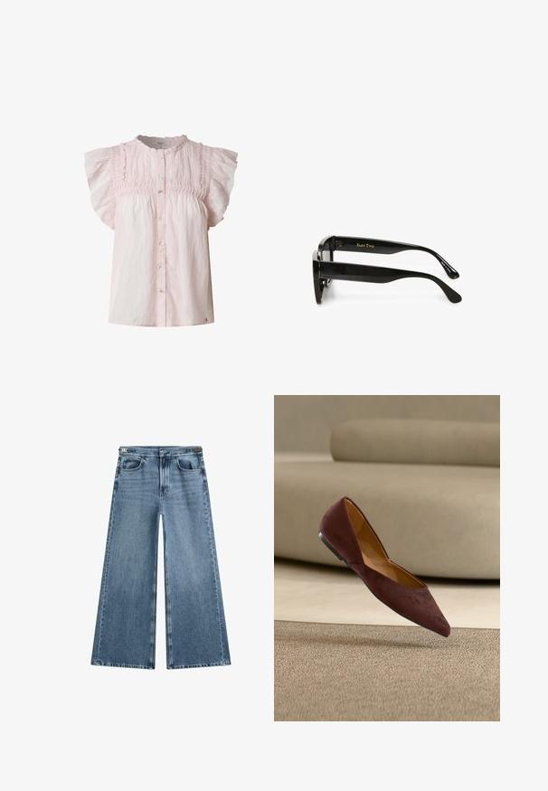 Lichtroze blouse met korte pofmouwen, smock-borstvoorkant, ronde halslijn en knoopsluiting aan de voorkant. Gemaakt van lichte stof met een zachte textuur.; Blauwe denim jeans met wijde pijpen en een medium wassing, voorzien van twee voorzakken, een ritssluiting en een rechte pasvorm. Eenvoudige stikseldetails.; Donkerbruine suède platte schoen met puntige neus zwevend boven een beige tapijt met een beige bank op de achtergrond.; Zwarte rechthoekige bril frames met dikke armen, met het label "PART TWO" in goud op de ene arm en "Made in China" in wit op de andere.