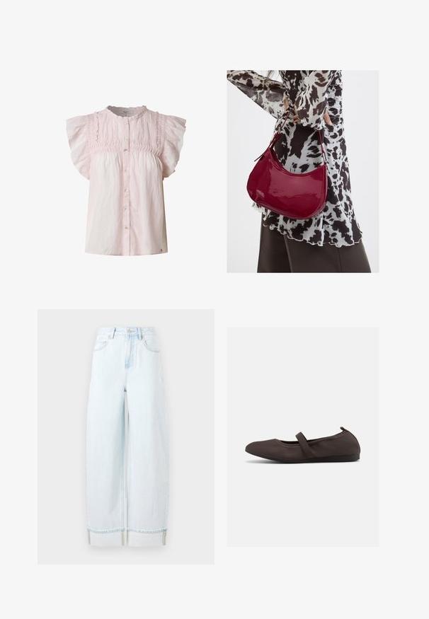 Lyserød bluse med korte pufærmer, smocked forstykket, rund halsudskæring og knaplukning foran. Lavet af let materiale med en blød tekstur.; Lyseblå vidde jeans lavet af denim, med høj talje, forlommer og en rullet kant med synlige syninger.; Brun balletsko med elastisk rem og rundet tå, vist mod en hvid baggrund, sideudsigt.; Kvinde iført en sort- og hvidmønstret bluse, der holder en blank rød skuldertaske mod en ensfarvet baggrund.