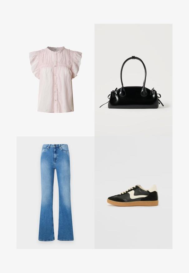 Blusa rosa claro con mangas cortas abullonadas, cuerpo fruncido, escote redondo y cierre de botones en la parte frontal. Hecha de una tela ligera con una textura suave.; Vaqueros acampanados de color azul claro, hechos de denim. Presentan un diseño clásico de cinco bolsillos, cierre de botón y un acabado descolorido hacia la parte inferior.; Zapatillas de deporte de ante y cuero negro con un swoosh lateral en crema y un talón en crema claro. Presenta cordones beige y una suela de goma marrón.; Pequeño bolso negro brillante con dos asas largas y detalles de cordón lateral sobre un fondo claro liso.