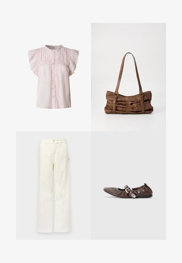Heled roosa pluus lühikeste puffvarrukatega, smockitud rind, ümar kaelus ja nupuga esitamine. Valmistatud kerge materjalist, mis on pehme tekstuuriga.; Good American GOOD 90S CARPENTER - Wide leg - white denim; Pruun patenteeritud nahast lamedad kingad terava nina, elastse kaare detaili ja hõbedase kinnituse aktsendiga küljel. Must kummist tall.; Even&Odd Käekott - brown