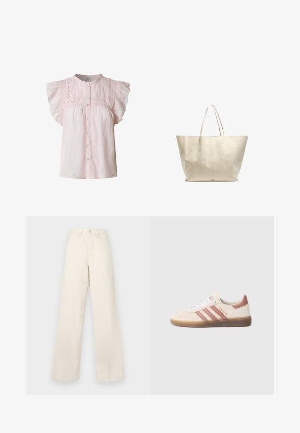 Blusa rosa claro con mangas cortas abullonadas, cuerpo fruncido, escote redondo y cierre de botones en la parte frontal. Hecha de una tela ligera con una textura suave.; Pantalones de pierna ancha beige con cintura alta, hechos de una suave tela texturizada. Presenta una bragueta con botones y bolsillos frontales para mayor funcionalidad.; Zapatilla de ante beige con detalles en rosa, tres rayas rosas, cordones blancos y suela de goma transparente. Marca "Spezial" en el lateral.; Bolso tote grande de color crema con asas dobles finas y una superficie ligeramente texturizada y suave.
