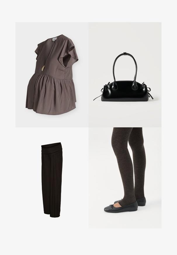 Blouse de maternité marron à manches courtes avec encolure en V, détail de boutons dorés, taille plissée et tissu ample et fluide. Aucune personne visible.; Pantalon noir à jambes larges avec une ceinture plissée et une coupe ample, fabriqué en tissu léger.; Jambes portant des leggings côtelés foncés associés à des ballerines noires avec de petits détails en nœud sur fond blanc.; Petit sac à main noir brillant avec deux longues anses et des détails à cordon sur les côtés sur un fond clair uni.