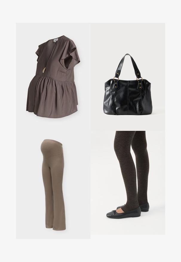 Blouse de maternité marron à manches courtes avec encolure en V, détail de boutons dorés, taille plissée et tissu ample et fluide. Aucune personne visible.; Pantalon de maternité côtelé marron avec une taille haute et extensible conçue pour accueillir un ventre de femme enceinte.; Jambes portant des leggings côtelés foncés associés à des ballerines noires avec de petits détails en nœud sur fond blanc.; Sac à épaule en cuir noir avec double anses attachées par des anneaux et rivets dorés, surface lisse et légèrement brillante, design simple.