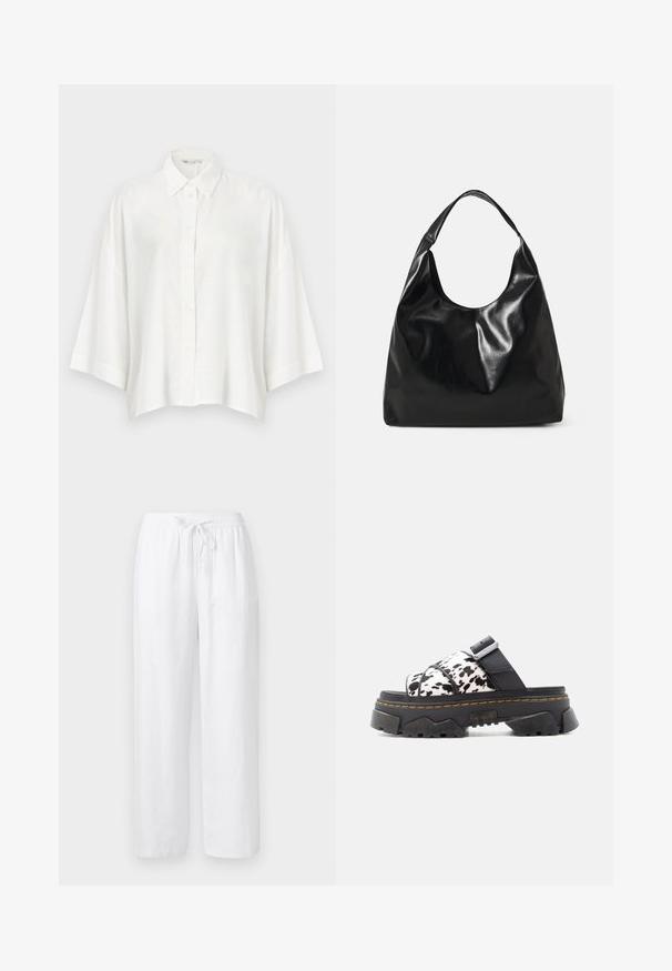 Blouse blanche boutonnée avec un col, des épaules tombantes et des manches courtes larges. Fabriquée en tissu léger et texturé.; Pantalon ample en mélange de lin blanc avec ceinture élastique et cordon à l'avant, coupe droite.; Sandale à plateforme noire avec semelle épaisse texturée, couture jaune, brides noires et accents à imprimé vache blanc.; Sac hobo en cuir noir avec une texture douce et brillante et un haut ouvert arrondi. Dispose d'une large sangle courbée pour le transport. Pas de matériel visible.