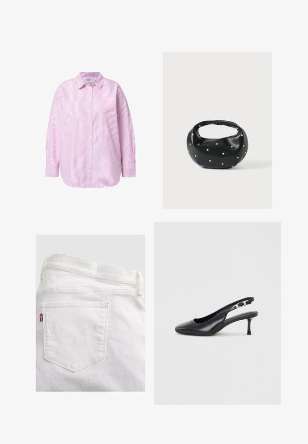 Chemise à manches longues boutonnee, rayée verticalement rose et blanche, avec col et poignets boutonnés, présentée sur un fond blanc.; Jean en denim blanc avec une poche arrière, des coutures visibles, un onglet rouge Levi's et un léger patch en cuir Levi's sur la ceinture.; Chaussure slingback noire en cuir à bout pointu avec un petit talon aiguille bas et une bride réglable à boucle sur un fond clair uni.; Sac à main en cuir noir de forme arrondie, décoré de clous argentés et équipé d'une poignée courte. Texture lisse et fermeture éclair.