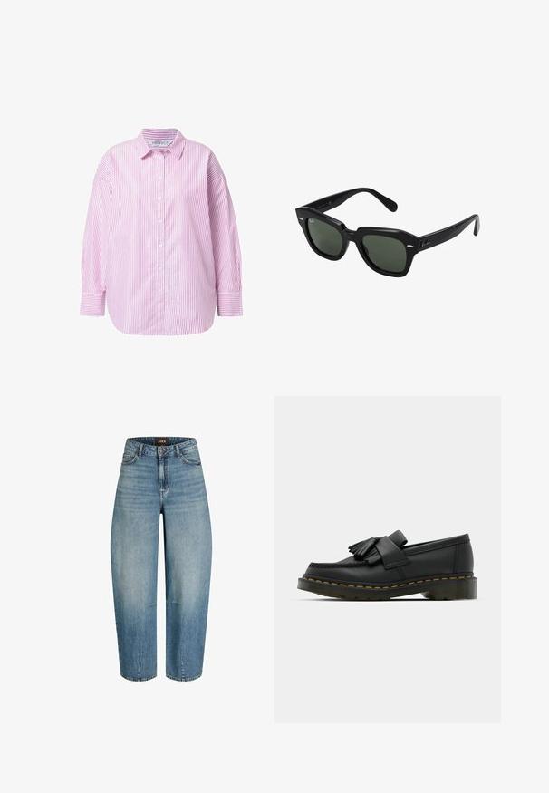 Chemise à manches longues boutonnee, rayée verticalement rose et blanche, avec col et poignets boutonnés, présentée sur un fond blanc.; Jean bleu clair à jambes droites avec taille haute, bouton et fermeture éclair devant, présentant un subtil effet délavé et un style cinq poches.; Mocassins en cuir noir avec un bout rond, présentant un détail à franges et une bande décorative à l'avant, montés sur un talon épais.; Lunettes de soleil carrées noires avec des verres vert foncé, présentant des montures audacieuses et des accents argentés sur les côtés. Fabriquées en Italie.
