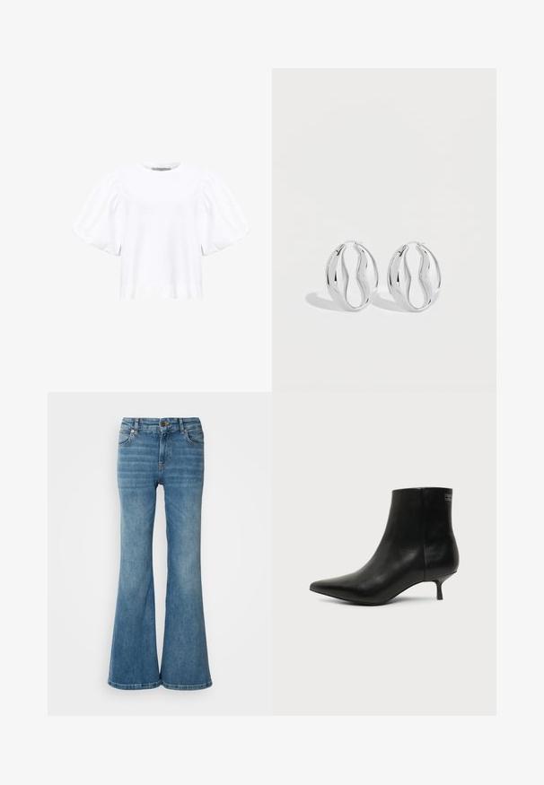 AllSaints JESS TEE - Μπλούζα - optic white; Ανοιχτό μπλε τζιν με πλατιά μπατζάκια από ντένιμ, διαθέτει πέντε τσέπες, ορατές ραφές και κούμπωμα με κουμπί και φερμουάρ στη μέση.; Μαύρο δερμάτινο μποτάκι γύρω από τον αστράγαλο με μυτερή μύτη και χαμηλό τακούνι σε ανοιχτό φόντο, εμφανίζει την εξωτερική πλευρά.; Ζευγάρι λαμπερά ασημένια κρίκοι σκουλαρίκια με στριφτή, κυματιστή σχεδίαση, εκτεθειμένα σε απλό ανοιχτό φόντο.