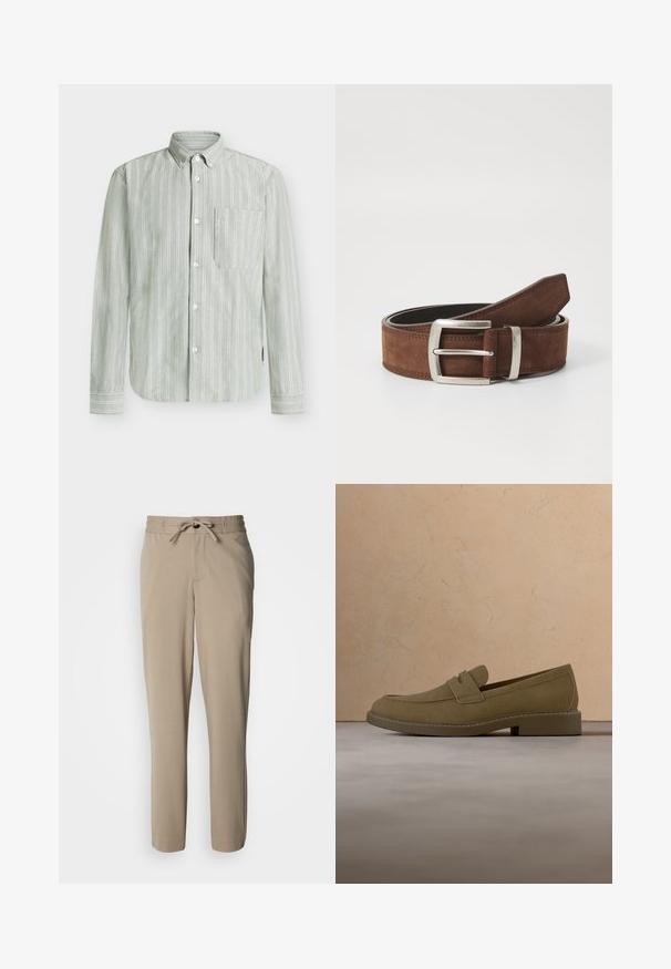 Chemise boutonnée verte rayée en tissu léger, dotée d'une poche poitrine unique et de rayures blanches verticales avec des poignets à boutons.; Pantalon beige en tissu doux, doté d'une taille à cordon de serrage et d'une coupe décontractée, avec des jambes droites et sans poches visibles.; Mocassin en daim marron flottant au-dessus d'un tapis beige texturé dans un salon avec une table basse en bois et des livres empilés.; Ceinture en suède marron avec une boucle en métal argenté et des détails de coutures linéaires. La ceinture est plate et a une largeur et une forme classiques.