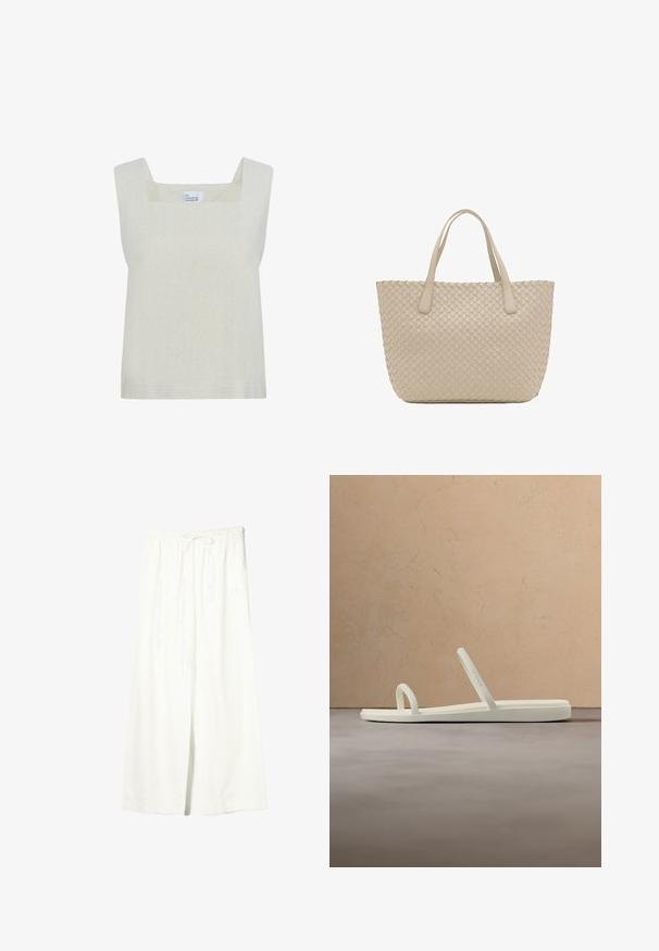 Lys beige ærmeløs top med firkantet udskæring, lavet af tekstureret stof, med et simpelt design og lige kanten.; Hvide vidde linnedbukser med elastisk talje og snøre, der har sidelommer og et frontslids.; Beige minimalistisk sandal med to tynde remme, placeret over et tekstureret tæppe, med et rundt træbord og stablede bøger i baggrunden.; Beige vævet lædertaske med to skulderstropper og en struktureret rektangulær form.