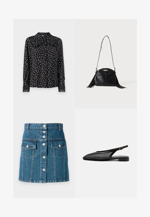 Zwarte blouse met lange mouwen en een gerimpelde kraag, met een stippenpatroon in crème. Knopsluiting aan de voorkant met kantaccent op de manchetten.; Denim rok in medium blauw met een knopenfront, twee zijzakken en een getailleerde taille. Heeft contrasterende stiksels en zilverkleurige knopen.; Zwarte slingback platte schoen met puntige neus, mesh bovenwerk, verstelbare gespsluiting en lage gestapelde hak op witte achtergrond.; Zwarte leren handtas met lange schouderriem, klein handvat aan de bovenkant en franjes aan beide zijden, getoond tegen een effen achtergrond.