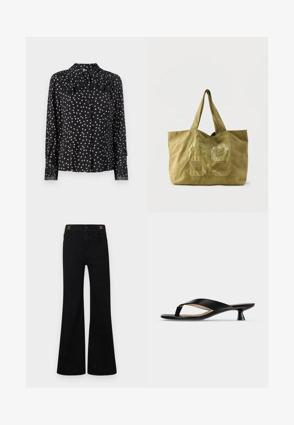 Zwarte blouse met lange mouwen en een gerimpelde kraag, met een stippenpatroon in crème. Knopsluiting aan de voorkant met kantaccent op de manchetten.; Zwarte jeans met wijde pijpen, een hoge taille, vijf zakken, gouden metalen accenten en een gladde denimstructuur.; Zwarte leren teenslipper met lage kittenhak en licht vierkante neus op een effen lichtgrijze achtergrond.; Grote stoffen shopper in olijfgroen met twee handvatten en glanzend nummer "99" op de voorkant gestikt.