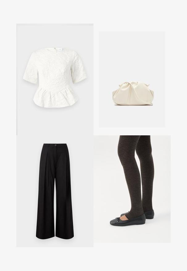 Haut péplum blanc à manches courtes, motif floral texturé, col rond et fermeture éclair au dos. Tissu doux avec un design structuré.; Pantalon noir à jambes larges avec plis devant, ceinture, fermeture par bouton et fermeture éclair dissimulée.; Jambes portant des leggings côtelés foncés associés à des ballerines noires avec de petits détails en nœud sur fond blanc.; Pochette en cuir souple couleur crème avec un design froncé et une fine bandoulière reposant à l’avant sur un fond uni.