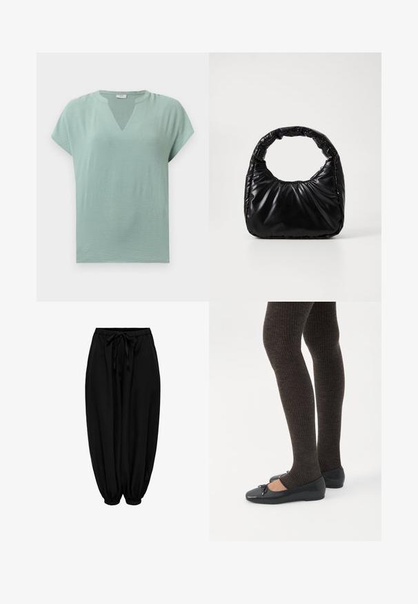 Blouse mint vert à manches courtes avec un col en V et une finition texturée. Tissu doux avec une coupe décontractée et un drapé subtil.; Pantalon ample noir avec taille et chevilles élastiques, lien de serrage à la taille et poignets froncés.; Jambes portant des leggings côtelés foncés associés à des ballerines noires avec de petits détails en nœud sur fond blanc.; Sac à main noir rembourré avec une poignée arrondie, présentant une surface lisse et brillante ainsi qu'une texture douce et matelassée. Pas de quincaillerie ou d'accents visibles.