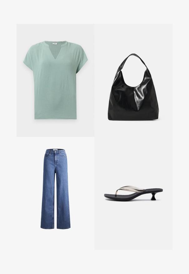 Muntgroene blouse met korte mouwen, een V-hals en een gestructureerde afwerking. Zacht stof met een losse pasvorm en subtiele drapering.; Lichtblauwe denim wijde jeans met een hoge taille, twee voorzakken en zichtbare stiksels. Voorzien van een knoop- en ritssluiting.; Zwarte kitten heel sandaal met een gestructureerde zool en doorzichtige beige teenslipper, zijaanzicht op een effen lichte achtergrond.; Zwarte leren hobo tas met een zachte, glanzende textuur en een ronde, open bovenkant. Voorzien van een brede, gebogen schouderband om te dragen. Geen zichtbare hardware.