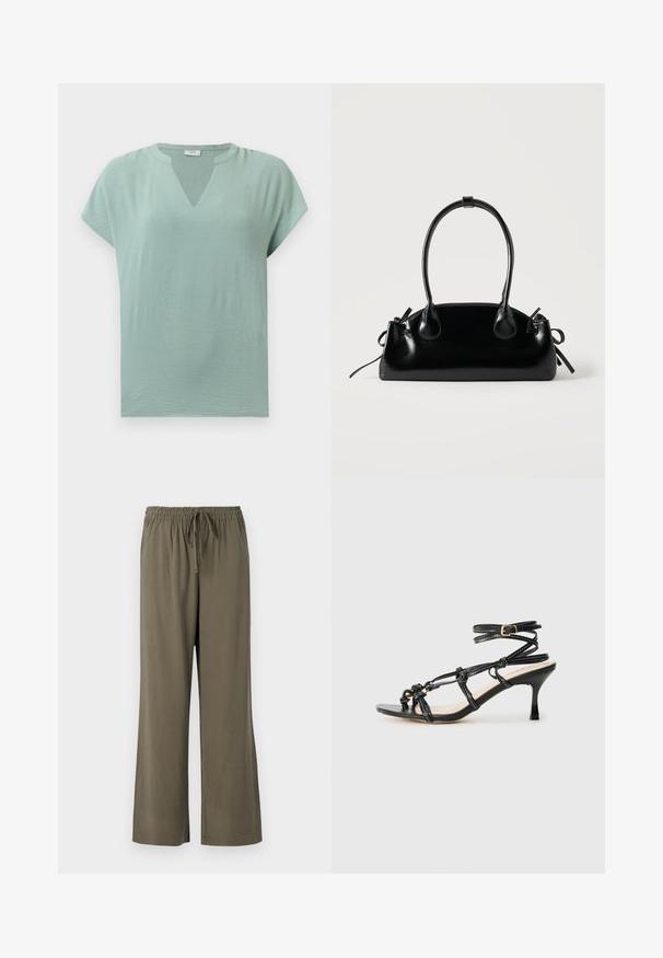 Blouse mint vert à manches courtes avec un col en V et une finition texturée. Tissu doux avec une coupe décontractée et un drapé subtil.; Pantalons larges en vert olive avec taille élastique et cordon de serrage. Fabriqués en tissu doux et léger avec une texture lisse.; Sandale à talons hauts en cuir verni noir avec un design à lanières, sangle de cheville ajustable et détails noués. Texture lisse, bout pointu.; Petit sac à main noir brillant avec deux longues anses et des détails à cordon sur les côtés sur un fond clair uni.