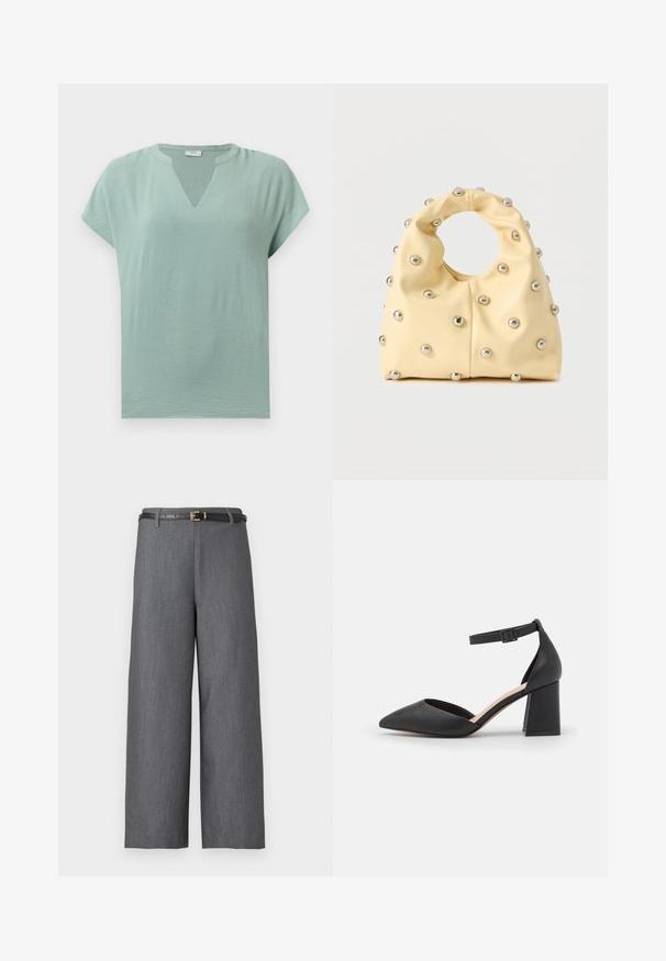 Blusa de mangas cortas verde menta con escote en V y un acabado texturizado. Tejido suave con un ajuste relajado y un drapeado sutil.; Pantalones grises de pierna ancha con cintura alta, combinados con un cinturón negro delgado con una pequeña hebilla dorada.; Zapato de salón de cuero negro con punta cerrada, tacón ancho y correa ajustable en el tobillo, presentado sobre un fondo blanco.; Bolso suave de color amarillo con asa circular, decorado con pequeños remaches de metal plateado distribuidos uniformemente sobre una superficie lisa.