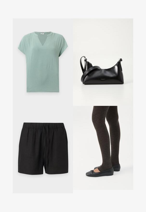 Muntgroene blouse met korte mouwen, een V-hals en een gestructureerde afwerking. Zacht stof met een losse pasvorm en subtiele drapering.; Zwarte casual shorts met elastische tailleband en trekkoord aan de voorkant, gemaakt van lichtgewicht stof, afgebeeld tegen een neutrale achtergrond.; Benen met donkere geribbelde leggings gecombineerd met zwarte ballerina's met kleine strikdetails op een witte achtergrond.; Zwarte leren handtas met een gladde textuur. Beschikt over een verstelbare schouderband en een strak, minimalistisch ontwerp met een ritssluiting.