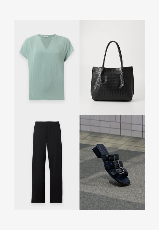 Muntgroene blouse met korte mouwen, een V-hals en een gestructureerde afwerking. Zacht stof met een losse pasvorm en subtiele drapering.; Zwarte broek met rechte pijpen, met riemlussen en een ritssluiting aan de voorkant, getoond tegen een witte achtergrond.; Zwarte open-teen mule met drie riemen met gespen en een lage blokhak, geplaatst op een asfaltoppervlak nabij betegeld trottoir.; Zwarte geweven lederen totebag met twee handvaten, gestructureerde vorm en subtiele glanzende afwerking, tegen een eenvoudige lichte achtergrond.
