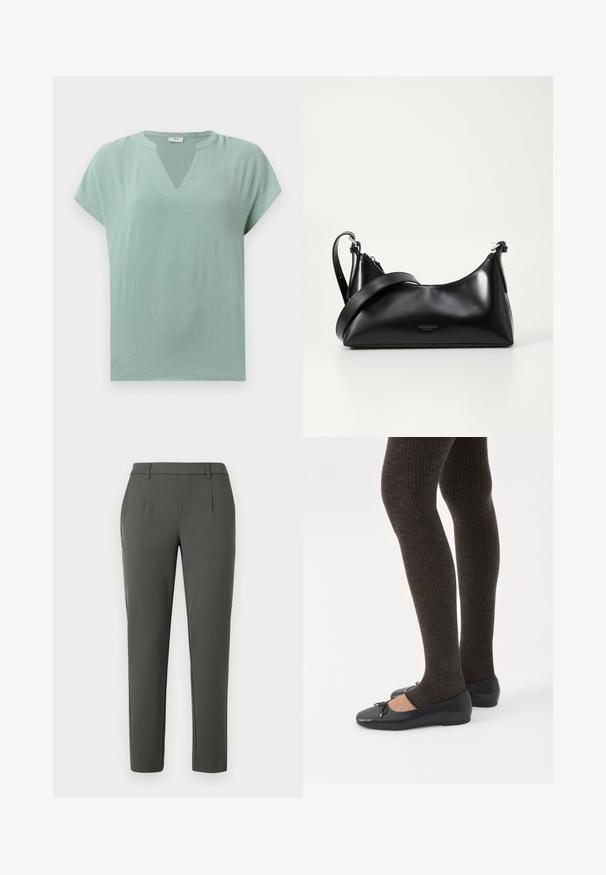Muntgroene blouse met korte mouwen, een V-hals en een gestructureerde afwerking. Zacht stof met een losse pasvorm en subtiele drapering.; Donkergroene broek met een getailleerde pasvorm, voorzien van twee zijzakken, een ritssluiting en plooidetails voor een gestructureerd ontwerp.; Benen met donkere geribbelde leggings gecombineerd met zwarte ballerina's met kleine strikdetails op een witte achtergrond.; Zwarte leren handtas met een gladde textuur. Beschikt over een verstelbare schouderband en een strak, minimalistisch ontwerp met een ritssluiting.