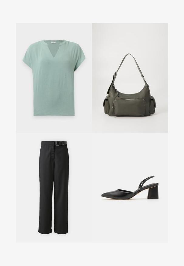 Muntgroene blouse met korte mouwen, een V-hals en een gestructureerde afwerking. Zacht stof met een losse pasvorm en subtiele drapering.; Zwarte broek met een rechte pijpontwerp, gemaakt van gladde stof, met een brede tailleband en een riem met een rechthoekige gesp.; Zwarte leren slingback schoen met een spits toelopende neus, lage blokhak en minimalistisch ontwerp met dunne bandjes en gladde textuur.; Groene leren schoudertas met een gebogen ontwerp, met een ritsvak aan de voorkant en extra zijvakken. Gladde textuur en minimale hardware.