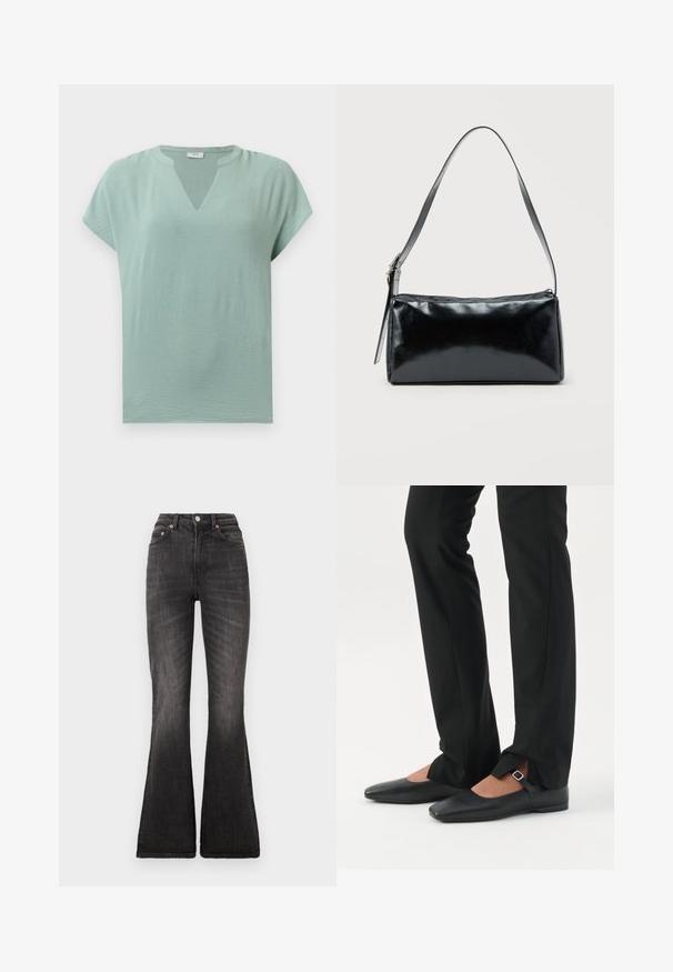 Blusa de mangas cortas verde menta con escote en V y un acabado texturizado. Tejido suave con un ajuste relajado y un drapeado sutil.; Jeans negros acampanados con cintura alta, que cuentan con un cierre de botón metálico, diseño de cinco bolsillos y un leve desvanecimiento a lo largo de la textura de la tela.; Piernas con pantalones ajustados negros con aberturas frontales en el dobladillo, combinados con zapatos planos Mary Jane negros con una pequeña correa con hebilla.; Bolso de hombro rectangular negro con una correa ajustable y un cierre de cremallera superior sobre un fondo liso.