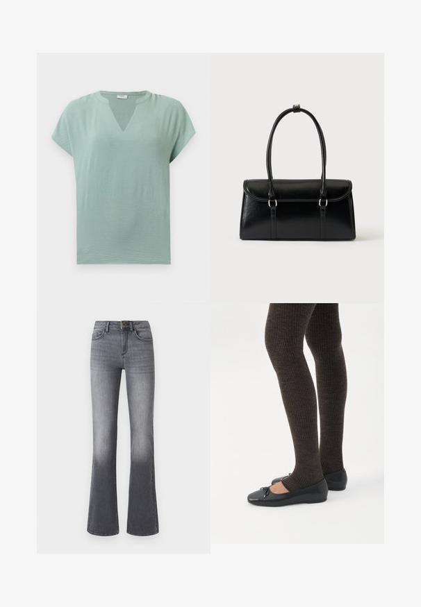 Blusa de mangas cortas verde menta con escote en V y un acabado texturizado. Tejido suave con un ajuste relajado y un drapeado sutil.; Jeans acampanados de tiro alto en denim gris oscuro, con bolsillos frontales, cierre de botón y un sutil desgaste hacia el dobladillo.; Piernas con leggings oscuros acanalados combinados con bailarinas negras que presentan pequeños detalles de lazo sobre un fondo blanco.; Bolso rectangular de cuero negro con cierre de solapa y dos asas largas sobre un fondo blanco liso.