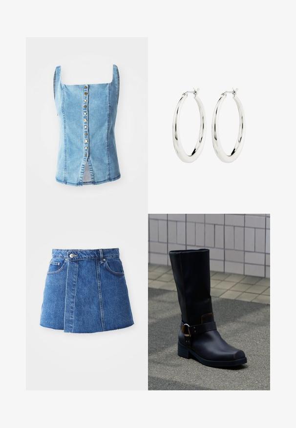 Denim püsiv, millel on ruudukujuline kaelus, sinine pesu, esine nööbiklapp dekoratiivsete kuldsete nuppudega, külgmised lõhed ja veidi kitsenev istuvus.; Keskmise sinise värvusega teksast mini-seelik kõrge vöökohaga, esise pealata lukuga, kahe taskuga ja toore äärega all.; Must nahapolvesaapahv madala kontsa ja dekoratiivse rihmaga metallist pandlaga, seisab hallil sillutatud pinnal plaatidest seina lähedal.; Hõbedased rõngaskõrvarõngad siledast ja läikivast viimistlusest. Ringikujuline, sisaldab kindlat kinnitust. Lihtne ja elegantne disain.