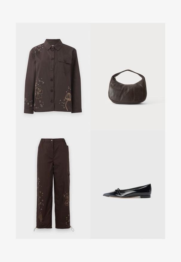Chemise marron à boutons avec col, ornée de broderies florales et étoilées en or et bleu, et d'une poche sur la poitrine à gauche. En matériau coton.; Pantalons larges bruns avec des motifs brodés d'étoiles et de poissons. Comprend une taille élastique, deux poches latérales et des liens réglables aux chevilles.; Chaussure plate en cuir verni noir avec un bout pointu, une petite lanière décorative et un petit talon carré. Texture lisse et design épuré.; Petit sac à main marron foncé texturé avec une courte bandoulière et un fond arrondi sur un fond clair uni.