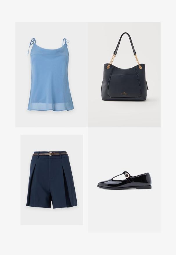 Haut caraco en mousseline bleu clair sans manches avec bretelles fines à nouer et ourlet légèrement évasé sur fond blanc.; Shorts taille haute bleu marine avec plis avant, passants de ceinture et une ceinture en cuir marron slim avec une boucle dorée.; Chaussure Mary Jane en cuir verni noir avec un bout arrondi, une bride en T et un détail en métal doré circulaire, semelle plate et finition lisse et brillante.; Sac à main en cuir noir texturé avec poche avant, chaîne dorée et bandoulières en cuir, avec logo « Anna Field » à l'avant.