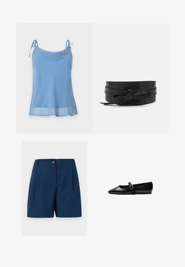 Haut caraco en mousseline bleu clair sans manches avec bretelles fines à nouer et ourlet légèrement évasé sur fond blanc.; Shorts bleu marine sur mesure avec plis avant, passants pour ceinture et fermeture à bouton doré à la taille.; Chaussure noire plate en cuir avec un bout pointu, bride réglable avec une boucle en métal, texture lisse et design minimaliste.; Ceinture en cuir noir avec une texture lisse, design à bande large, mettant en avant un accent noué à l'avant et une forme simple et épurée.