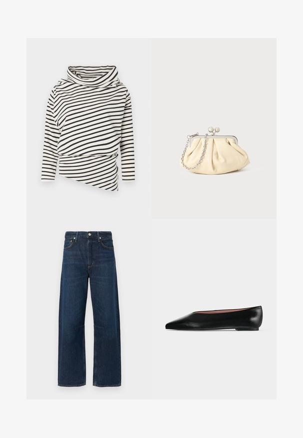 Haut asymétrique à manches longues crème avec des rayures noires, présentant un col haut et un design drapé à l'avant avec une finition texturée.; Jean large bleu marine avec fermeture à boutons, passants pour ceinture et design classique à cinq poches. Texture en denim lisse avec un délavage minimal.; Chaussure plate en cuir noir pour femme, avec bout pointu et petit talon, vue de côté sur un fond gris clair uni.; Pochette en cuir beige plissé avec un cadre en métal argenté, dotée de deux fermoirs ronds décoratifs et d'une chaîne en argent.