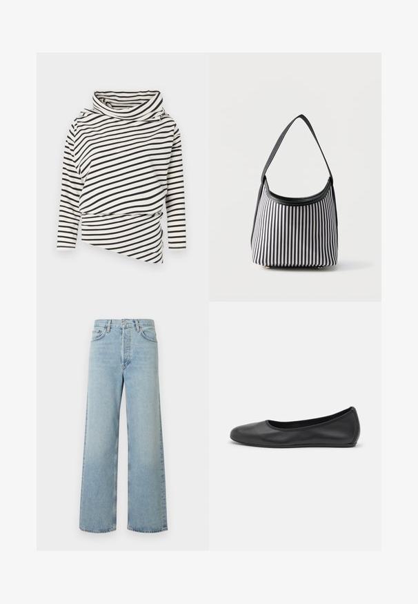 Haut asymétrique à manches longues crème avec des rayures noires, présentant un col haut et un design drapé à l'avant avec une finition texturée.; Jean large coupe pattes d'éléphant bleu clair en tissu denim avec une taille haute. Comprend cinq poches, une fermeture à bouton, et une texture subtilement délavée.; Ballerines en cuir noir avec un bout rond, texture lisse, détails de couture minimalistes et design de semelle flexible.; Sac à main rayé vertical noir et blanc avec une seule bandoulière noire et une ouverture supérieure arrondie sur un fond uni.