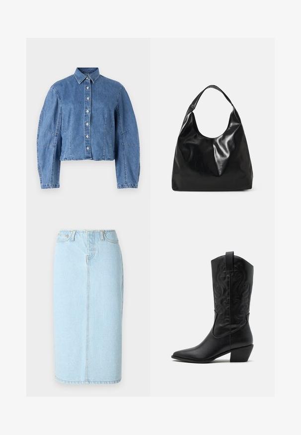 Lysblå cropped denimjakke med knaplukning, spidse kraver og pufærmer med sidesøm.; Lys blå denim blyantskørt med høj talje, fem lomme-design og subtile syninger langs sømmene.; Sorte læder cowboystøvler med spids tå, præget svungen mønster og en mid-højde hæl. Har en trækflap for nemt at tage på.; Sort læder hobo taske med en blød, skinnende tekstur og en rund, åben top. Har en bred, buet strop til bæring. Ingen synlig hardware.