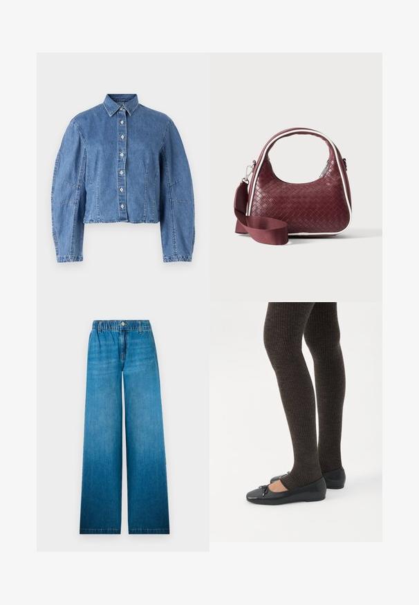 Lysblå cropped denimjakke med knaplukning, spidse kraver og pufærmer med sidesøm.; Bredbåndede jeans i lys blå denim, med en elastisk talje, en knaplukning og et lige snitdesign med en falmet effekt.; Ben iført mørke ribbede leggings kombineret med sorte balletsko med små sløjfedetaljer på hvid baggrund.; Mørkerød vævet lædertaske med buet hank, hvid kant, sølv lynlås og aftagelig bred stofskulderrem mod en ensfarvet baggrund.