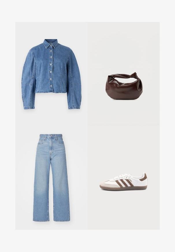 Veste en denim courte de couleur bleu clair, avec un devant à boutons, un col pointu et des manches bouffantes avec des coutures latérales.; Jean large taille haute bleu clair avec bouton et fermeture éclair à l'avant, poches avant et arrière, sur fond blanc.; Baskets Adidas Samba blanches avec des bandes en daim marron, semelle en caoutchouc marron et bout en daim beige, vues du côté extérieur sur un fond uni.; Sac bandoulière en cuir marron foncé avec une forme souple et décontractée et une anse nouée torsadée sur un fond blanc uni.