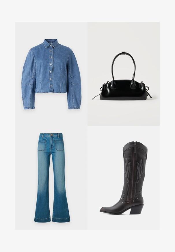 Lysblå cropped denimjakke med knaplukning, spidse kraver og pufærmer med sidesøm.; Blå højtaljede denimjeans med forreste patchlommer og svajede ben, med knap- og lynlåslukning.; Brune læder cowboystøvler med flammebroderi, sidelukning med lynlås, sølvnitter, spids snude og lagdelt hæl.; Lille sort blank håndtaske med to lange håndtag og snøre-detaljer i siden på en ensfarvet lys baggrund.