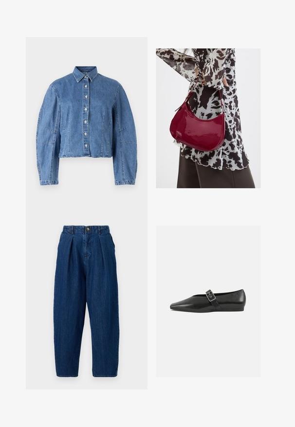 Veste en denim courte de couleur bleu clair, avec un devant à boutons, un col pointu et des manches bouffantes avec des coutures latérales.; Pantalons en denim bleu foncé avec une coupe décontractée, présentant des plis à l'avant, une fermeture à bouton et des jambes fuselées.; Chaussure plate en cuir noir avec un orteil pointu, présentant une sangle à boucle métallique sur le cou-de-pied et une semelle basse et flexible.; Femme portant un chemisier à motif noir et blanc tenant un sac à main rouge brillant sur un fond uni.
