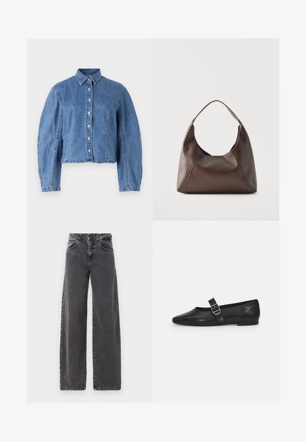 Lysblå cropped denimjakke med knaplukning, spidse kraver og pufærmer med sidesøm.; Bredde ben jeans i sort denim med høj talje, fem-lomme design og subtilt falmet tekstur. Forstærket syning ved sømmene.; Sorte læder flade sko med rund tå, et enkelt justerbart spænde og en glat, blank overflade. Minimalistisk design med en lav hæl.; Brun flettet læder skuldertaske med en enkelt bred strop og en slasket, halvmåneformet krop.