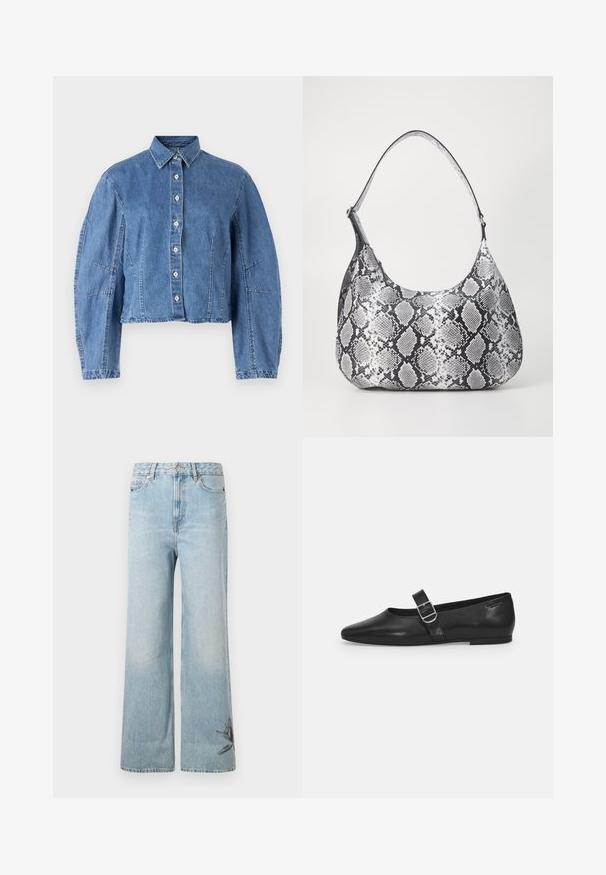 Lysblå cropped denimjakke med knaplukning, spidse kraver og pufærmer med sidesøm.; Lysblå vide jeans lavet af denim, med en falmet tekstur og blomsterbroderi detalje på den nederste venstre ben.; Sorte læder flade sko med rund tå, et enkelt justerbart spænde og en glat, blank overflade. Minimalistisk design med en lav hæl.; Sort-hvid slangemønster skuldertaske med en rund form, glat tekstur og en buet rem. Har et sølvfarvet hardware-accents.