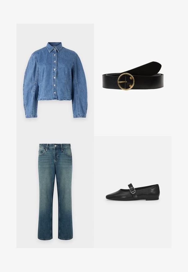 Veste en denim courte de couleur bleu clair, avec un devant à boutons, un col pointu et des manches bouffantes avec des coutures latérales.; Jean en denim bleu à coupe droite, taille mi-haute, cinq poches et légère décoloration. Fermeture par bouton et passants pour ceinture inclus.; Chaussure plate en cuir noir avec un bout arrondi, une seule sangle réglable à boucle et une texture lisse et brillante. Design minimaliste avec un petit talon.; Ceinture en cuir noir avec une boucle ronde en ton doré. La ceinture présente une surface texturée et des extrémités effilées pour un design épuré.