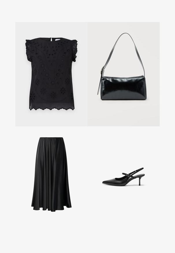Haut noir à manches courtes avec broderies florales et détails en œillets, col rond et ourlet festonné.; Jupe maxi noire en tissu lisse, dotée d'une taille élastique, d'une silhouette ample et d'un ourlet fluide sans motifs ni détails visibles.; Talons aiguilles noires en cuir avec un bout pointu, une fine bride réglable, et un talon aiguille d'environ 5 cm, texture lisse.; Sac d'épaule rectangulaire noir avec une sangle réglable unique et une fermeture éclair supérieure sur un fond uni.