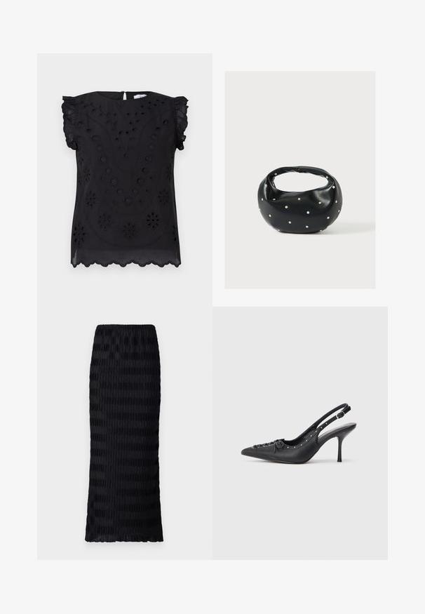 Top negro de manga corta con bordado floral y detalles de ojales, con un escote redondo y un dobladillo con forma de ondas.; Falda negra hasta la rodilla con un diseño texturizado y plisado. Cintura elástica, tela suave con rayas alternas mates y brillantes.; Sandal de tacón stiletto negro de cuero con punta afilada, correa lateral con hebilla, tachuelas a lo largo del borde y cordones decorativos en la parte delantera.; Bolso de mano de cuero negro con forma redondeada, decorado con detalles de tachuelas plateadas y un asa corta. Textura lisa y cierre con cremallera.