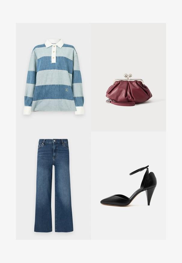 Chemise en denim avec des rayures horizontales de différentes nuances de bleu, dotée d'un col blanc et d'une patte de boutonnage à trois boutons. Logo brodé à l'ourlet.; Jean denim à jambes larges, teinte bleu moyen, doté d'une fermeture par bouton et glissière, cinq poches et des détails de couture subtils.; Escarpin en cuir noir à bout pointu avec bride à la cheville et talon conique sur fond blanc.; Petite pochette en cuir bordeaux avec fermoir en métal argenté et bracelet pour poignet sur fond blanc.